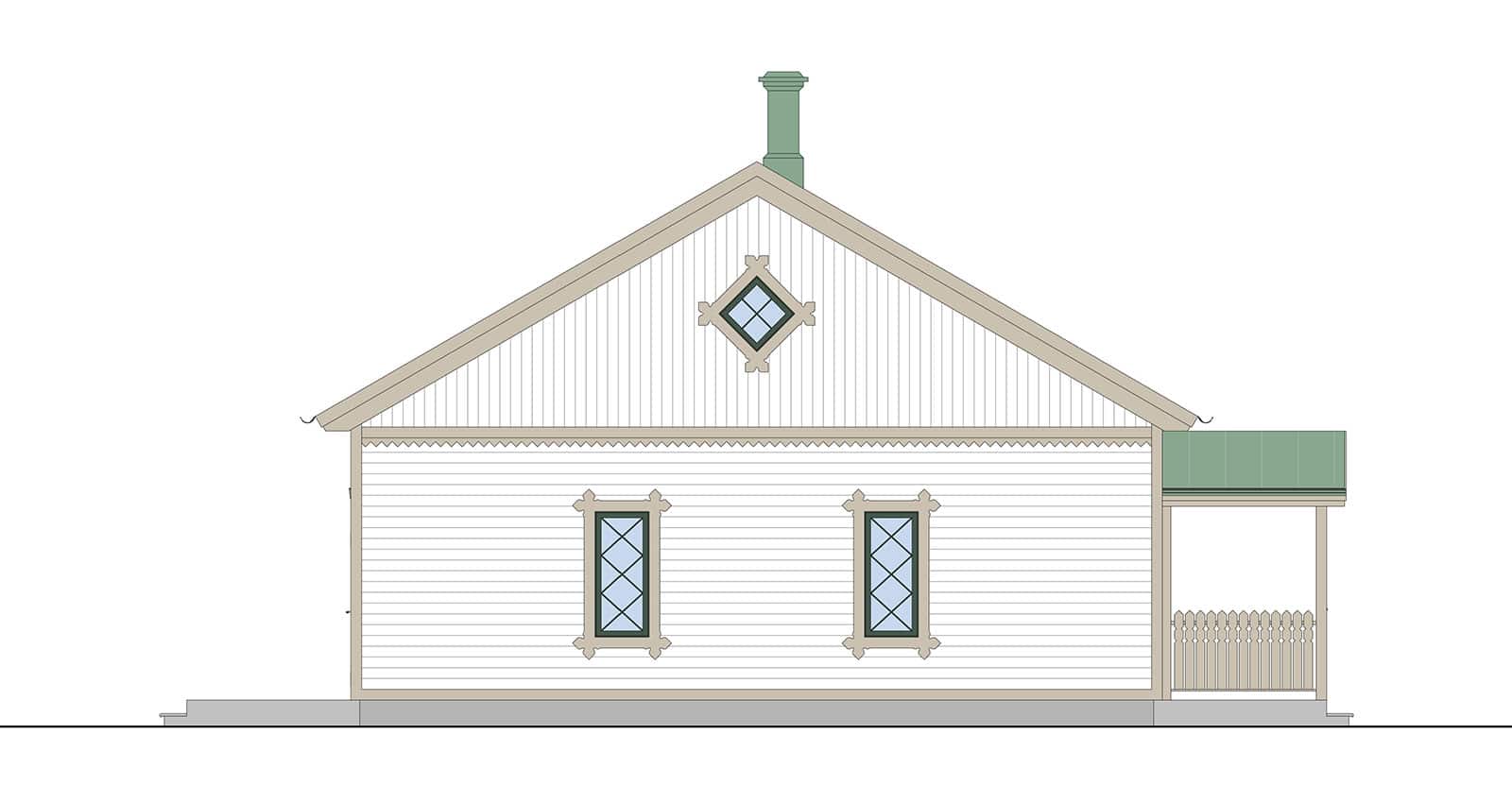 1-Planshus med farstukvist Grönt tak med gröna detaljer