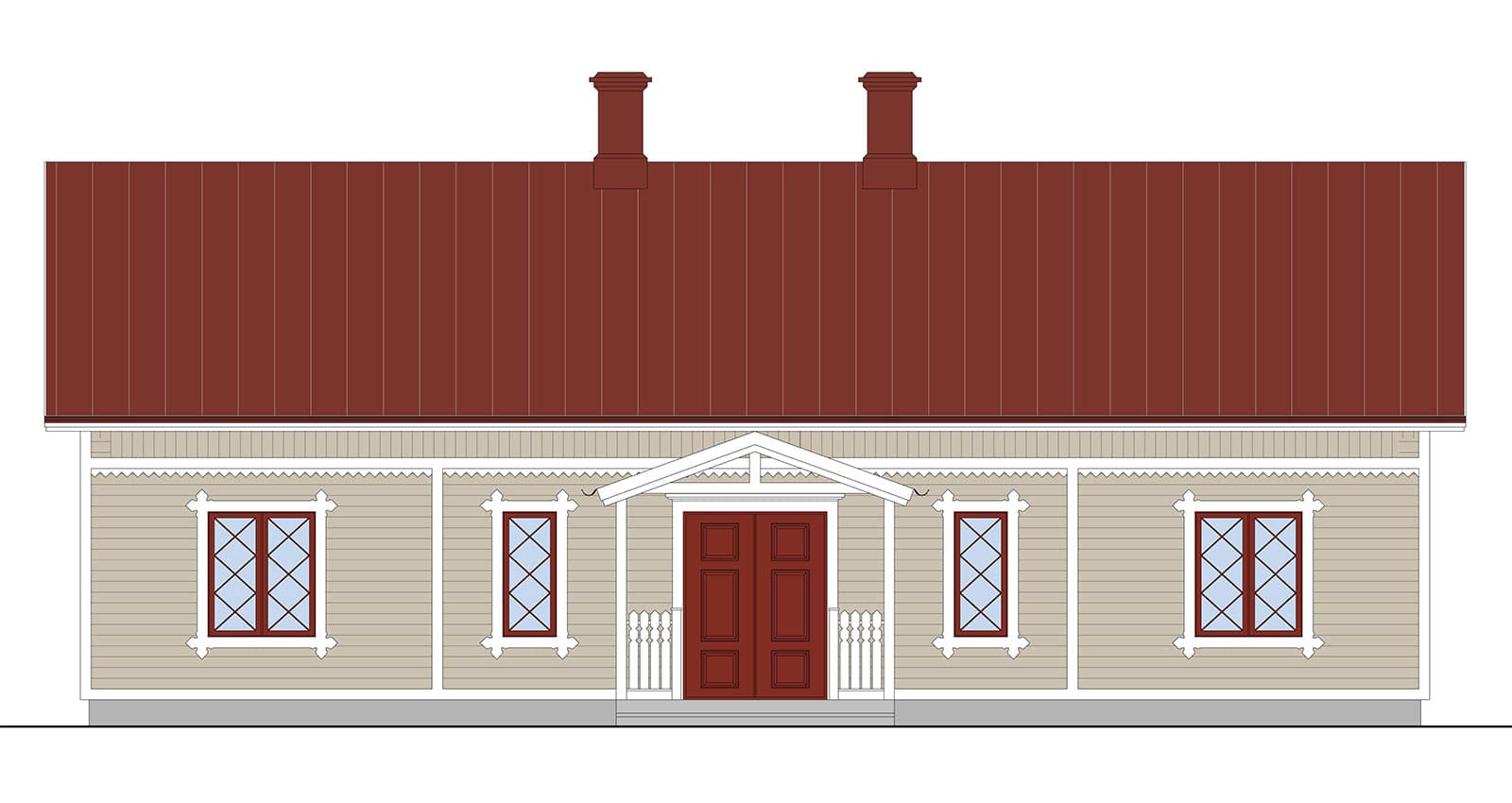 1-Planshus med farstukvist Rött tak med röda detaljer