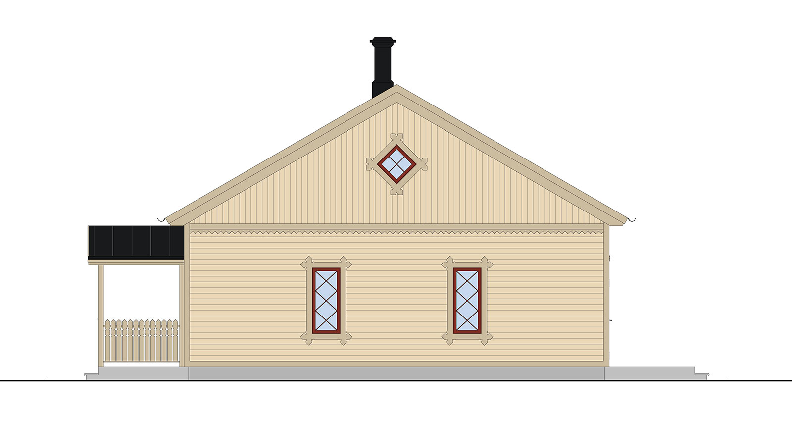 1-Planshus med farstukvist Svart tak med röda detaljer