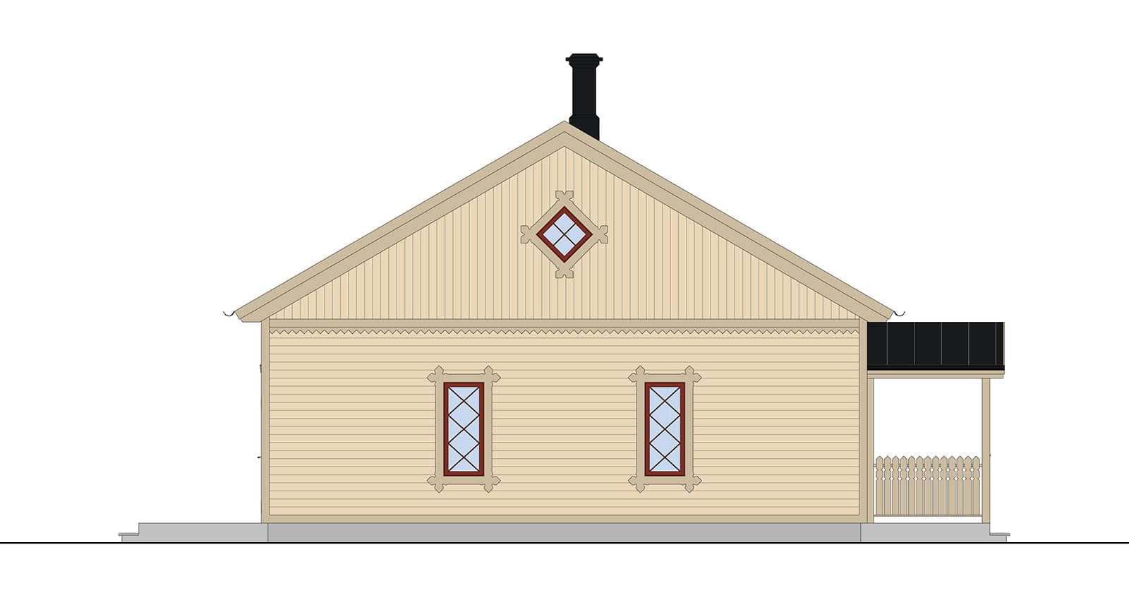 1-Planshus med farstukvist Svart tak med röda detaljer